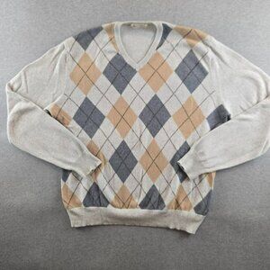 J CREW Beige Argyle Cashmere Cotton Long Sleeve Pullover Sweater SIZE LARGE